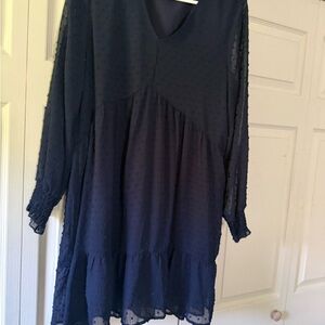 Navy Swiss Dot Tiered Long Sleeve Dress